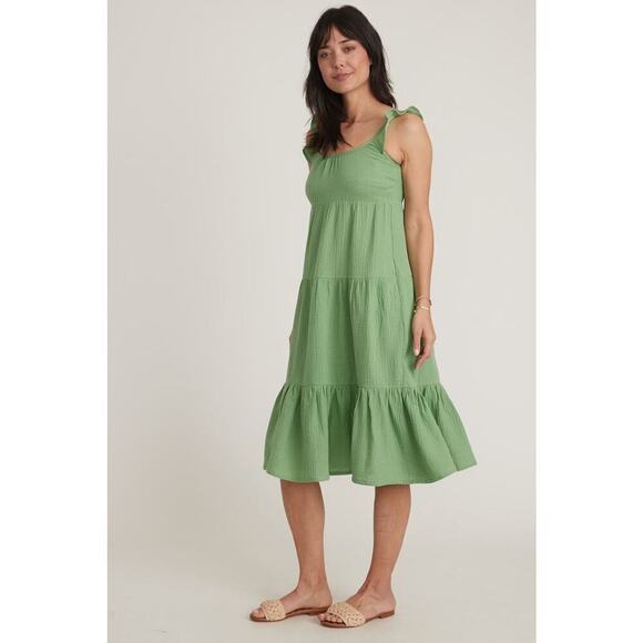 Marine Layer Jude Dress Flutter Sleeve Tiered Swing Midi Jade Sheen Green NWT M - Picture 1 of 8